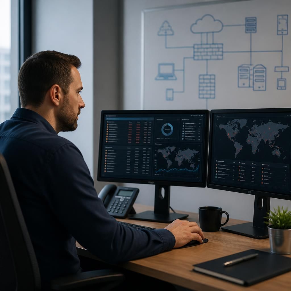 Cyber security specialist reviewing alerts on a monitor beside a business network diagram