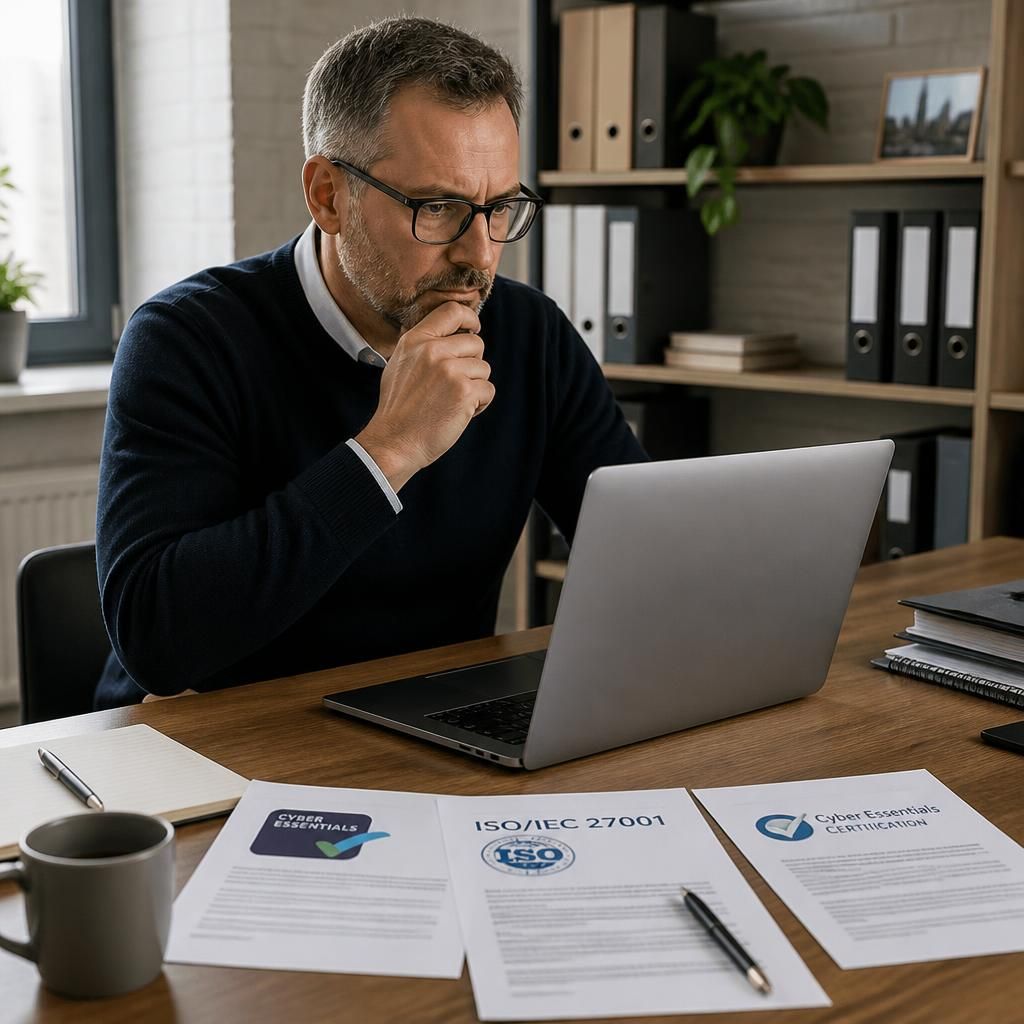 Business owner reviewing cyber security certification documents on a laptop