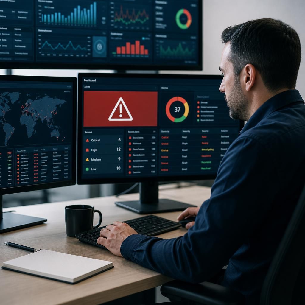 Cyber security alert dashboard showing severity levels and escalation status