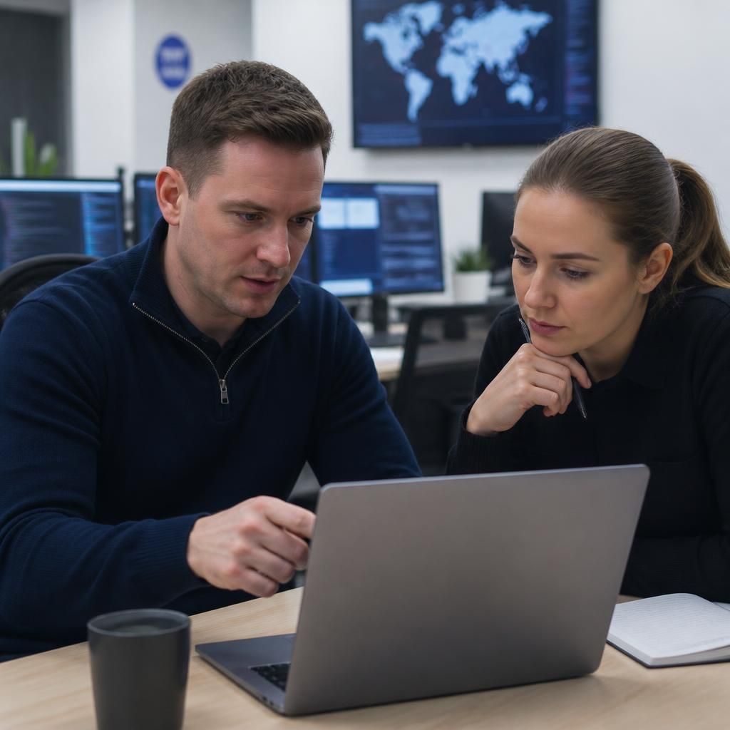 IT staff reviewing a cyber security incident response plan on a laptop