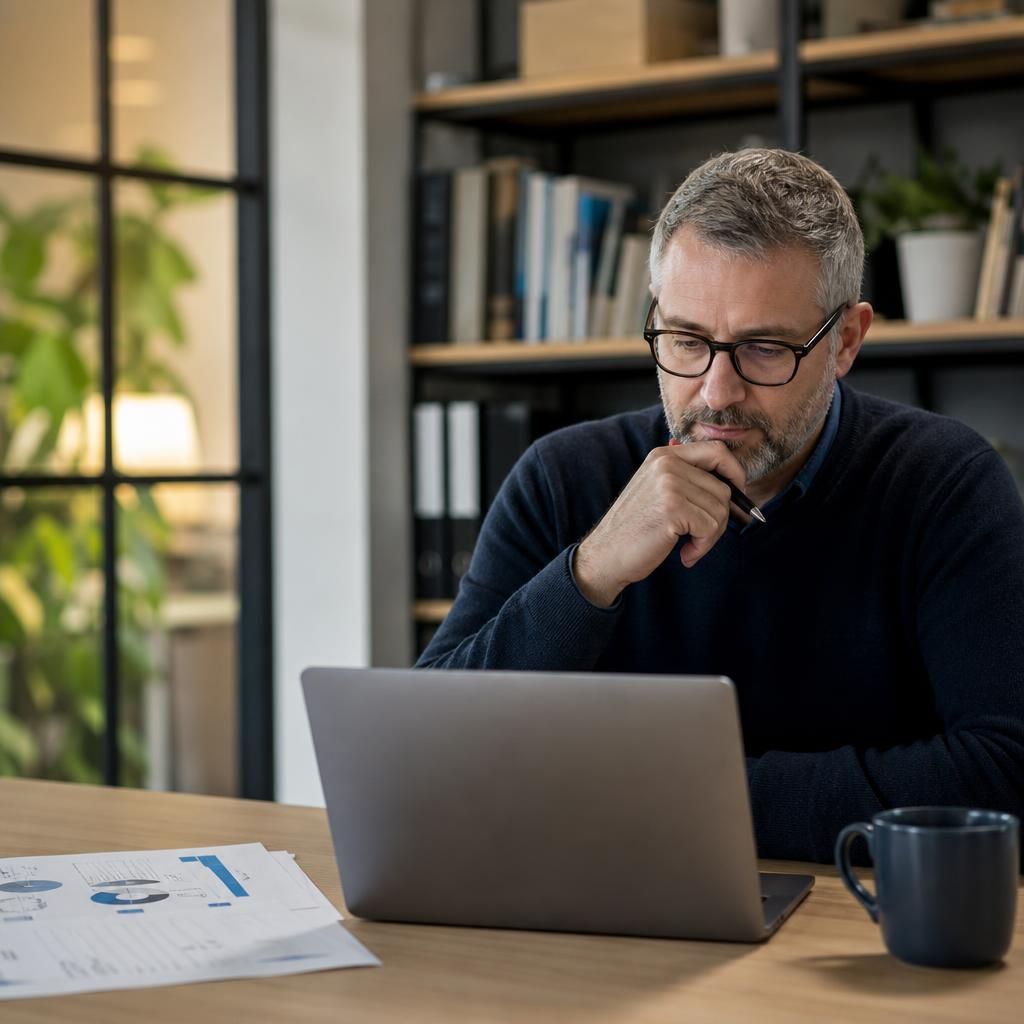 Business owner reviewing cyber security policy documents on a laptop