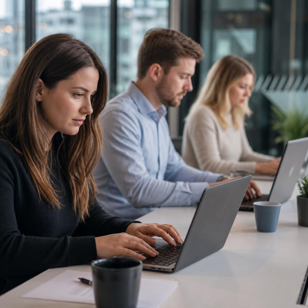 Employees completing a cyber security training exercise on laptops