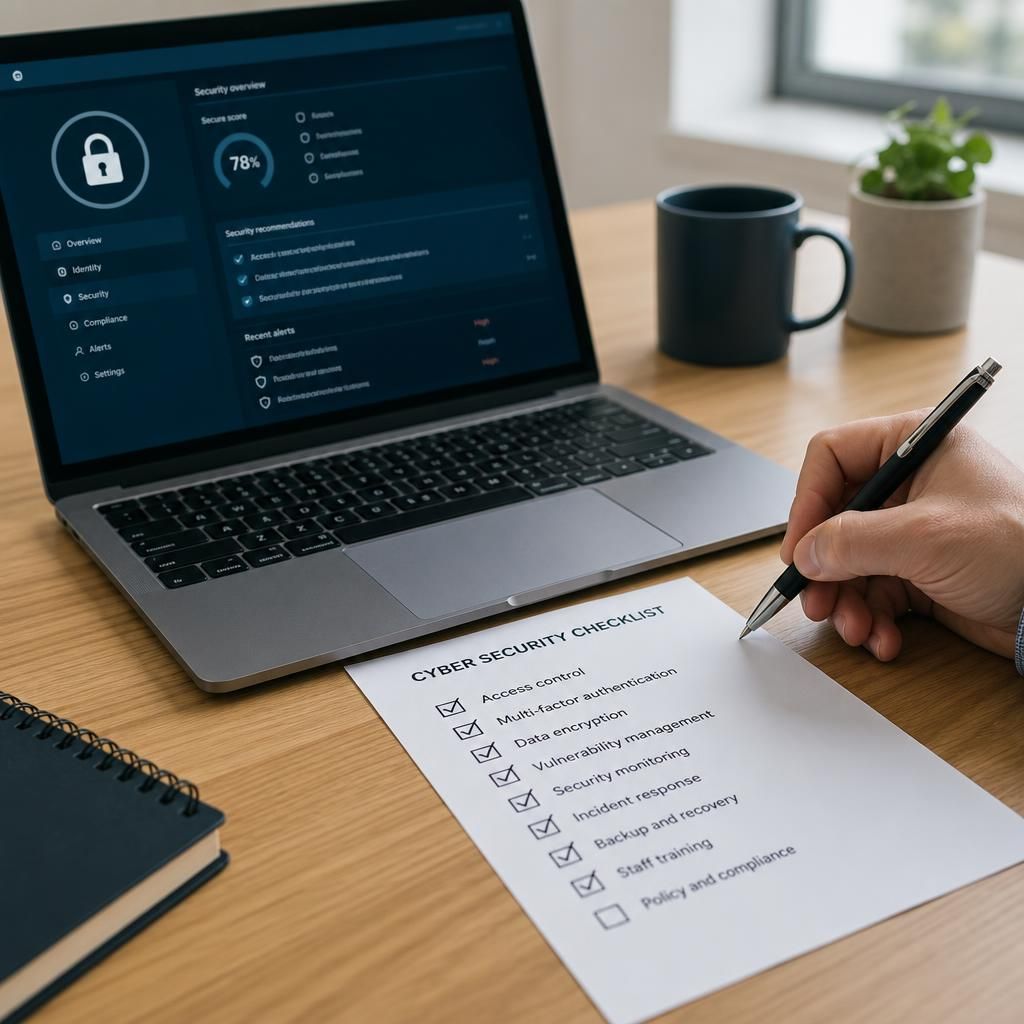 Cyber security checklist beside a laptop displaying security settings