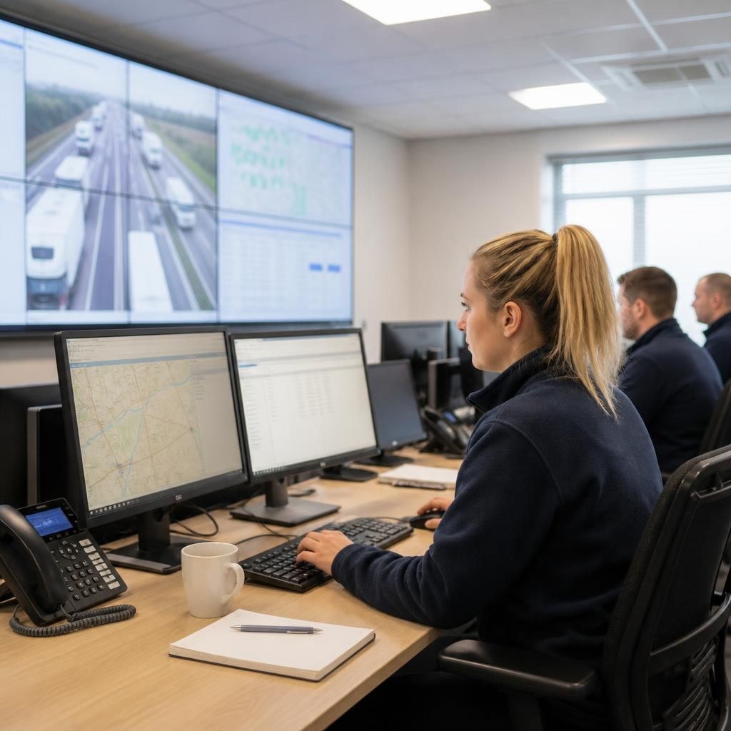 Logistics staff using computers to manage schedules and business information securely