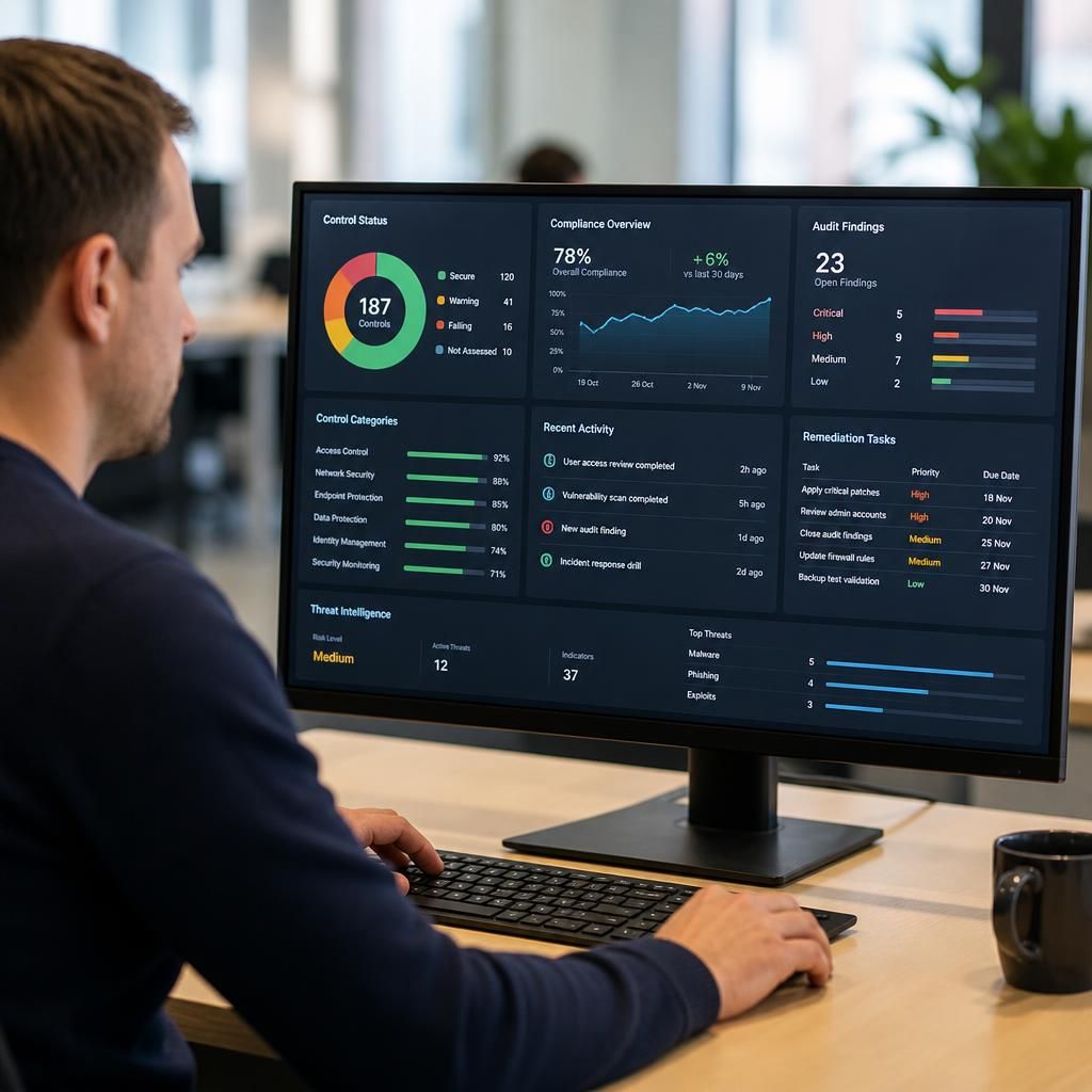 Security dashboard showing control status, audit findings and remediation tasks
