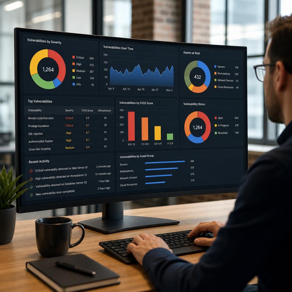 Security dashboard showing vulnerabilities ranked by severity, exploitability and affected systems