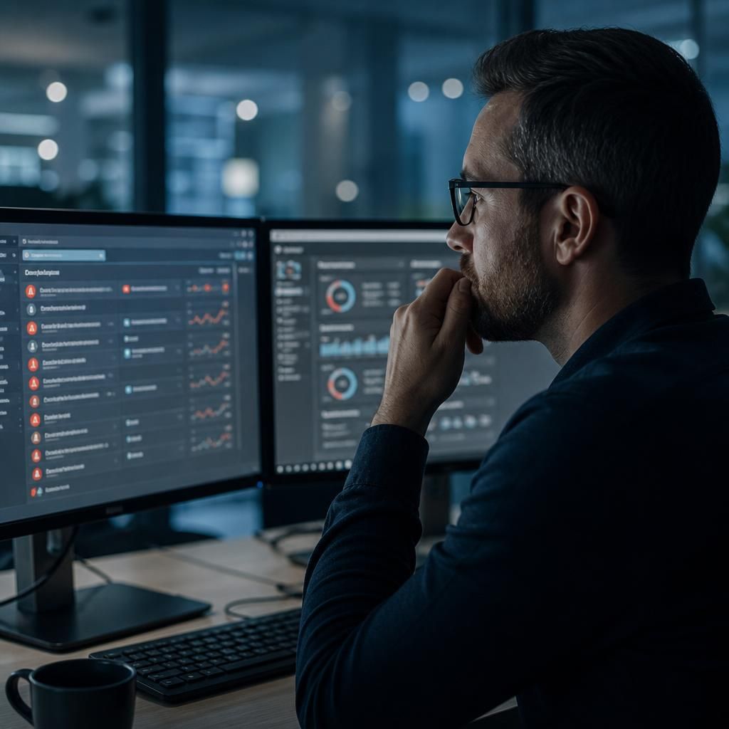 Security analyst reviewing user activity alerts on a computer screen