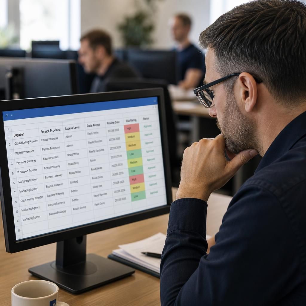 Supplier risk register showing external services, access levels and review dates