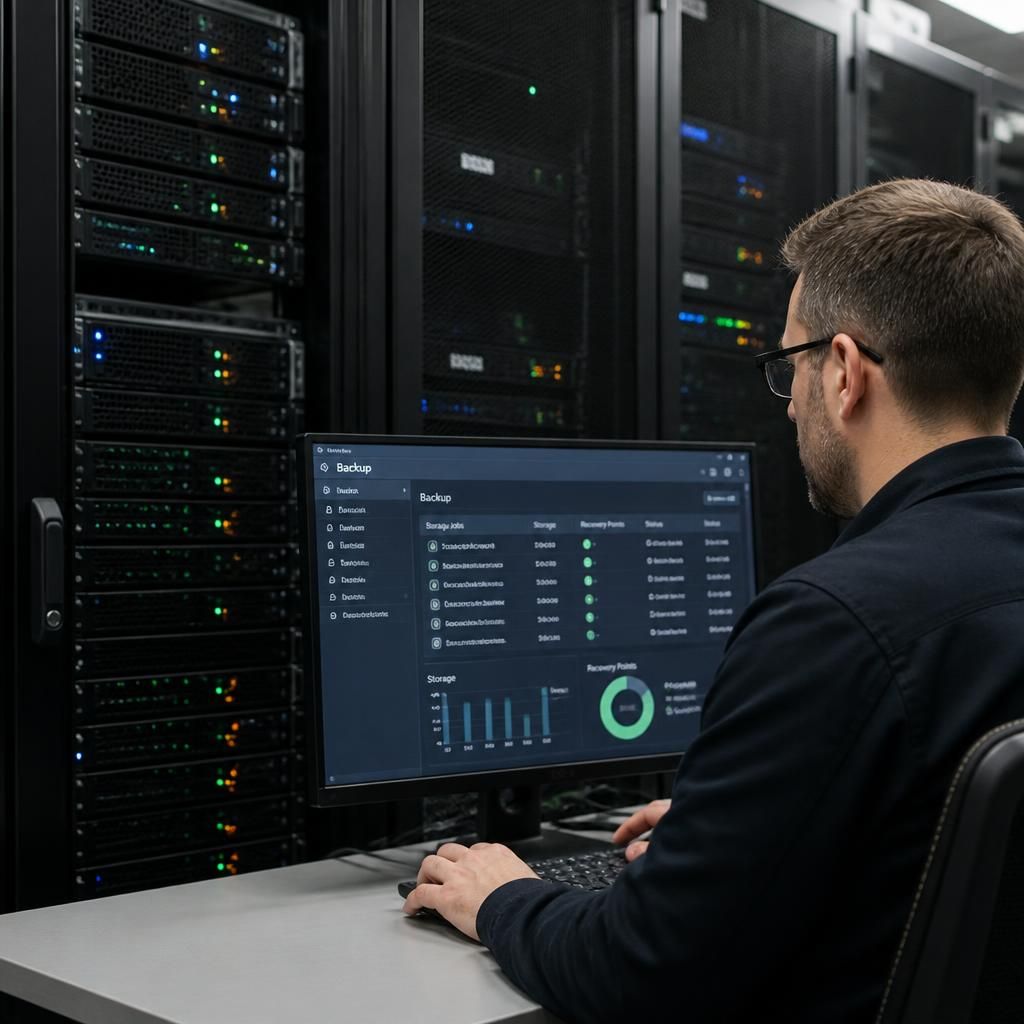 Backup server with separate storage volumes and recovery points displayed on screen