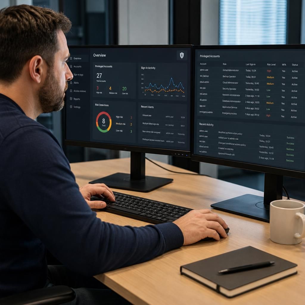 Administrator reviewing privileged access permissions and recent account activity on a security dashboard