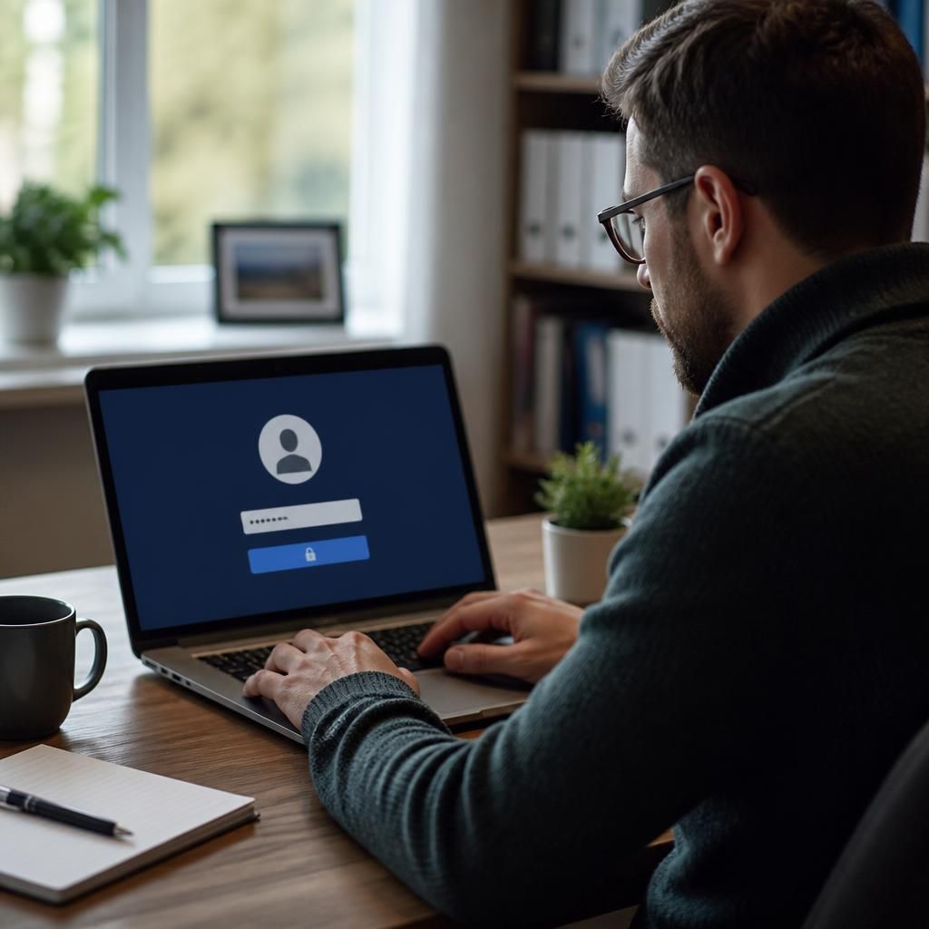 Employee working remotely on a laptop with a business login screen