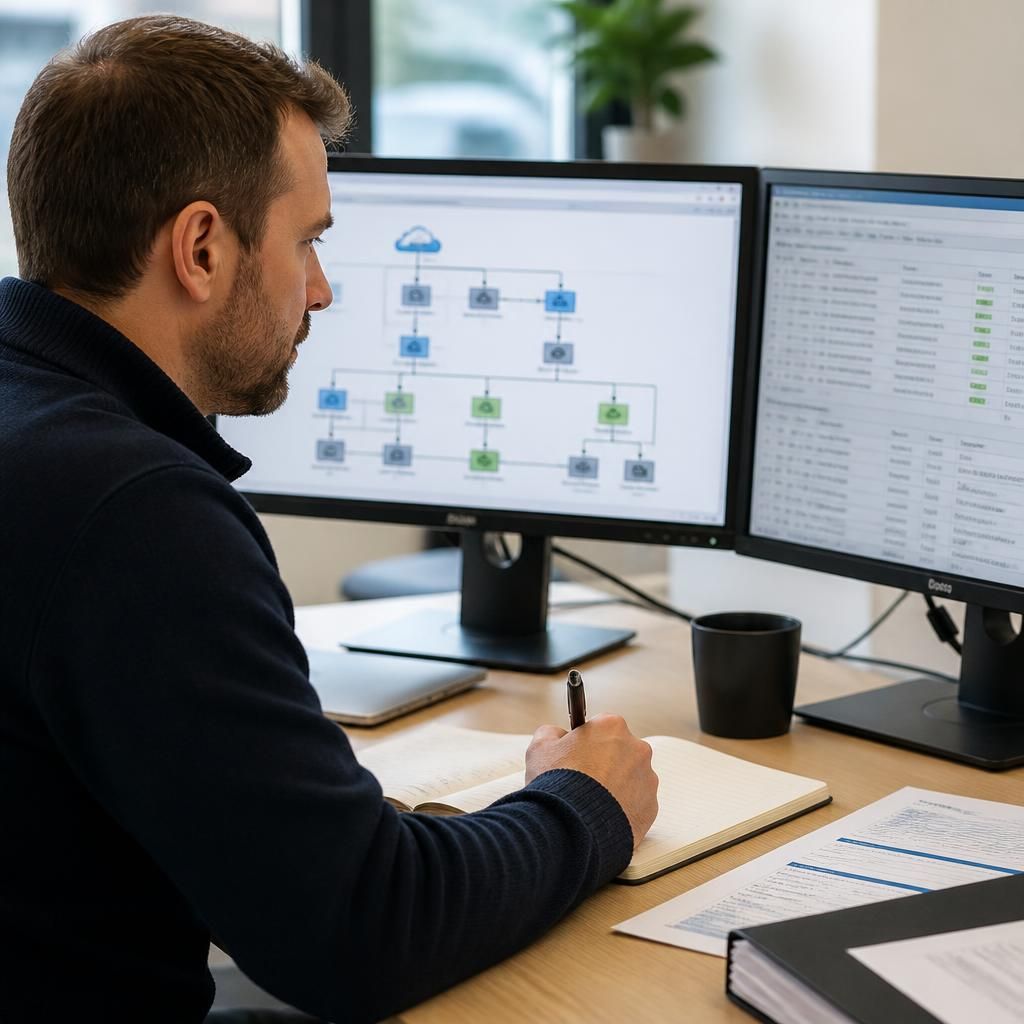 Security auditor reviewing system access records and network diagrams on a computer