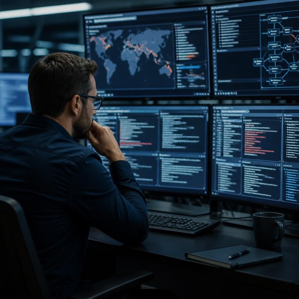 Security analyst reviewing threat reports and attack indicators on multiple monitors