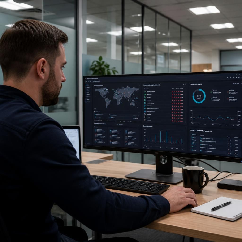 IT professional reviewing security alerts on a computer monitor