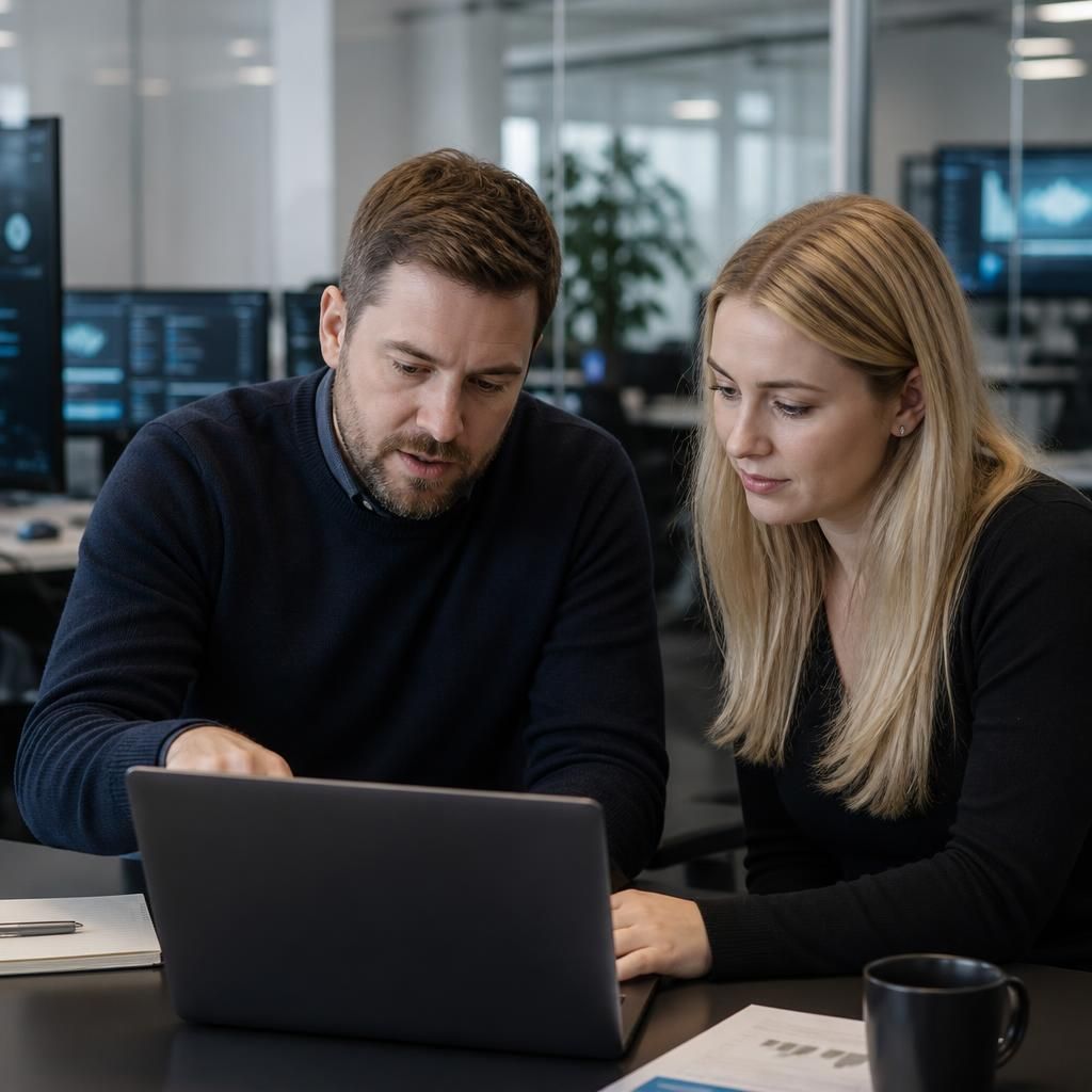 IT consultant reviewing security information on a laptop with a colleague