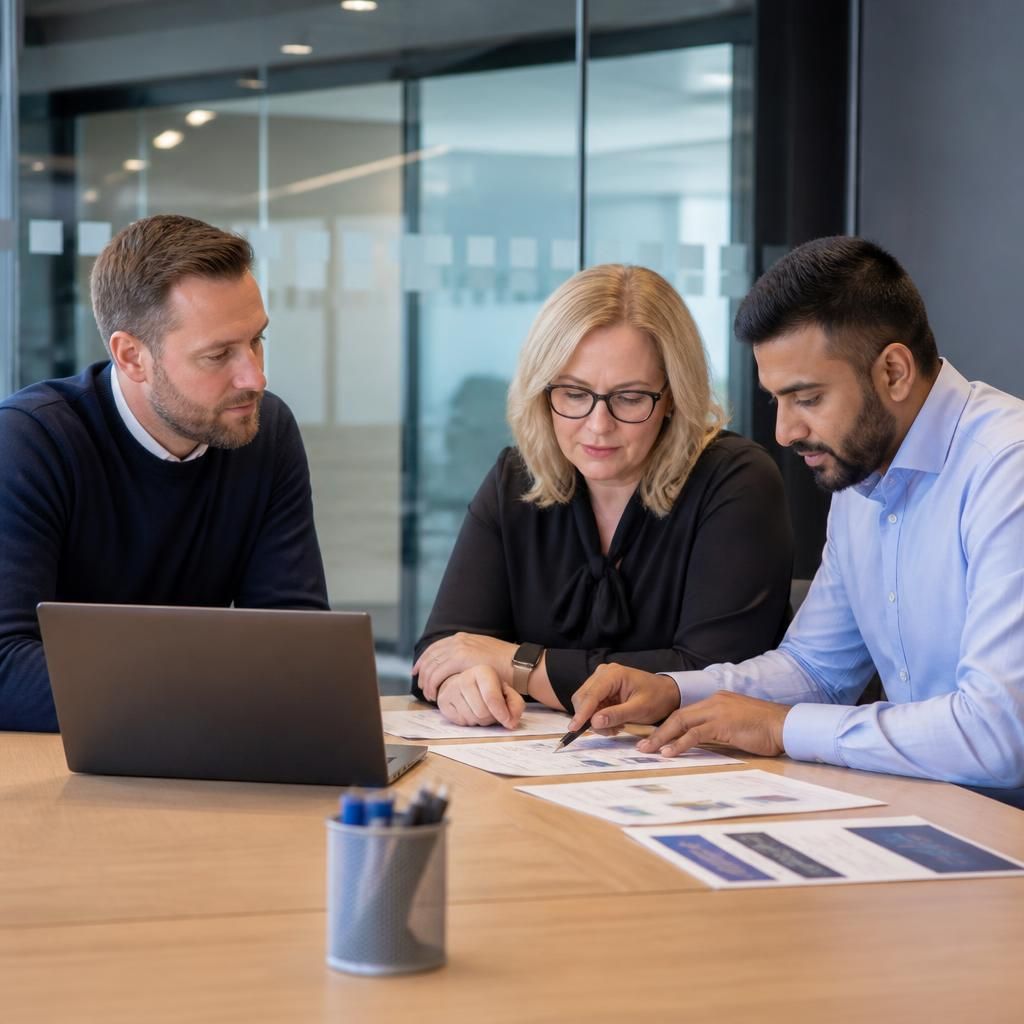 Professional services team reviewing documents and security procedures in an office