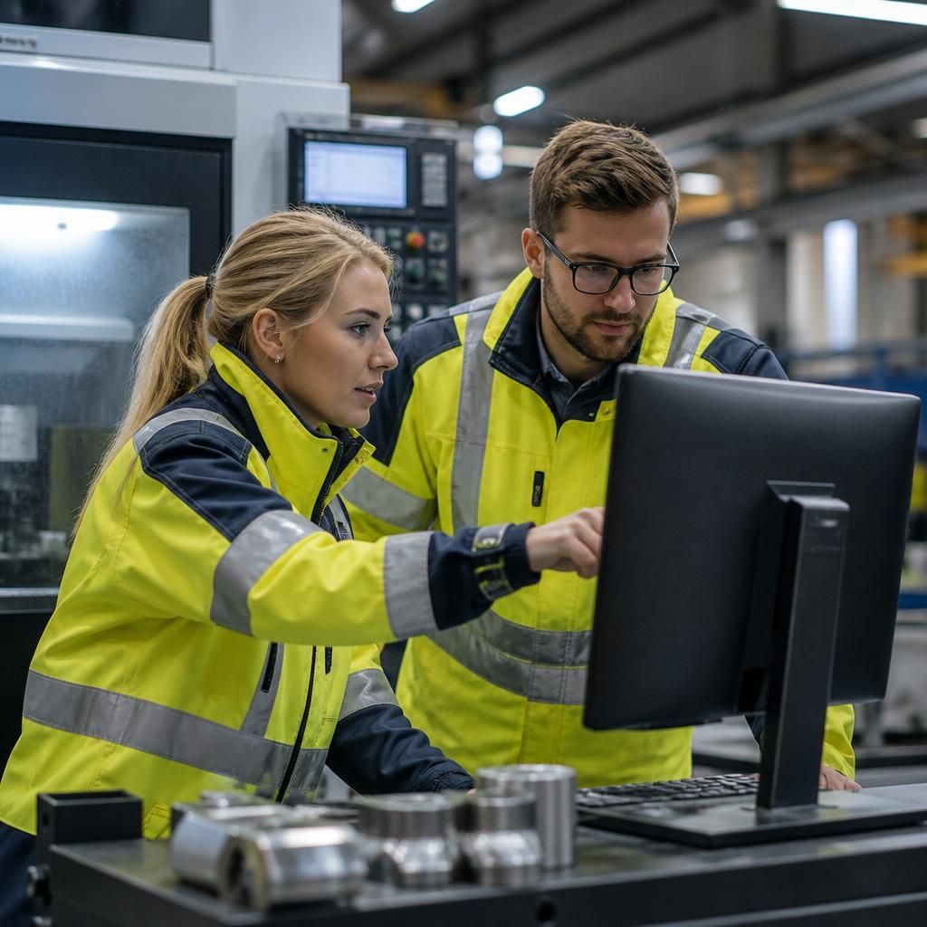 Manufacturing staff reviewing production information on a computer near factory equipment