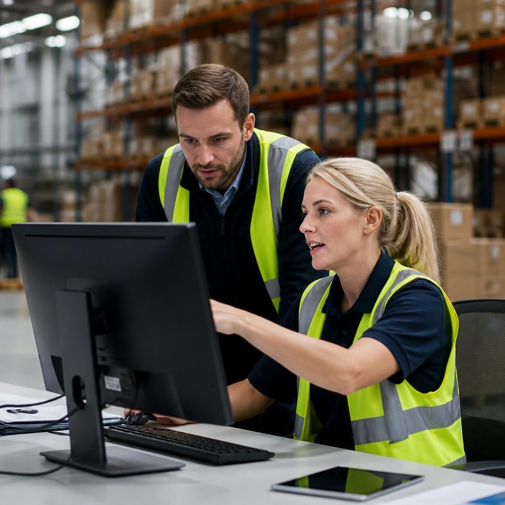 Logistics team checking delivery information on a computer in a warehouse