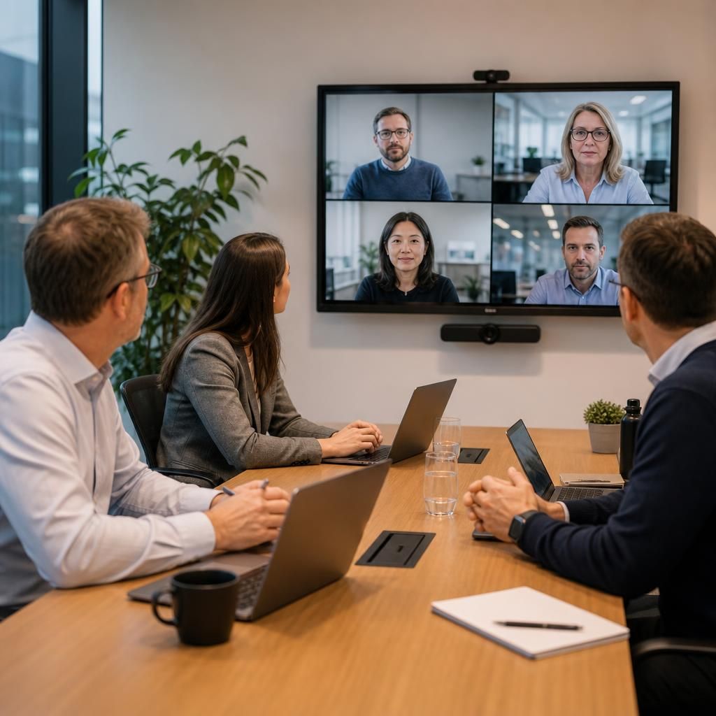 Team members from different sites collaborating during a business meeting