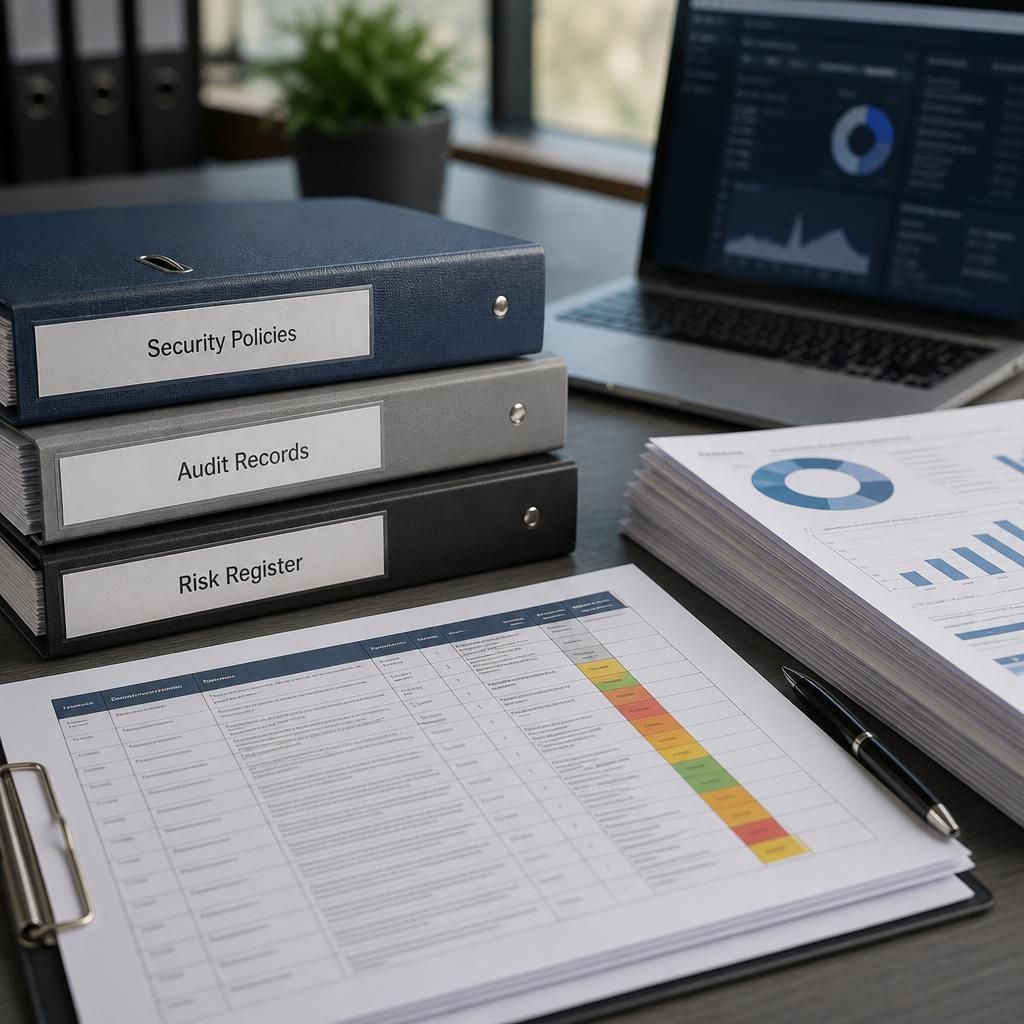 Cyber security governance documents, audit records and a risk register on a desk