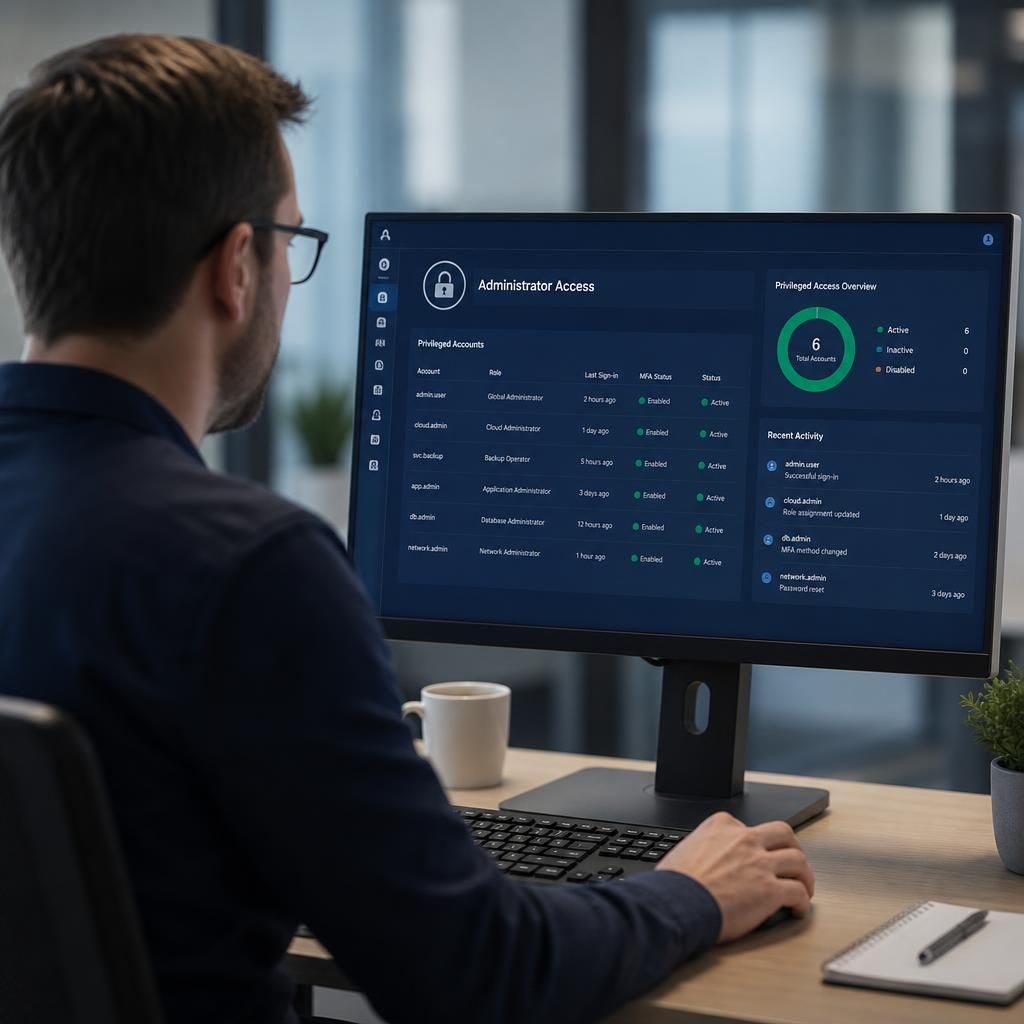IT administrator reviewing privileged access permissions on a security dashboard