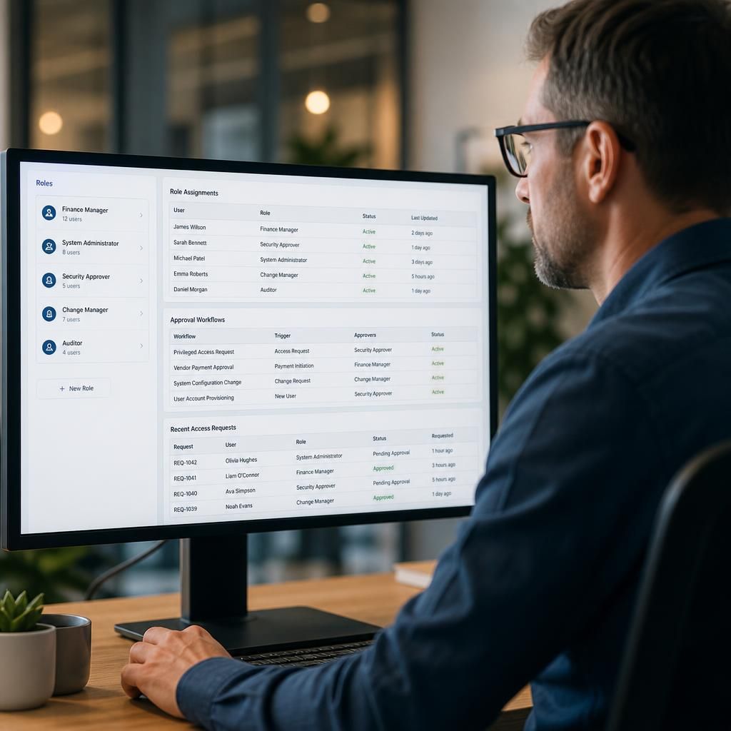 Access control dashboard showing role assignments and approval workflows