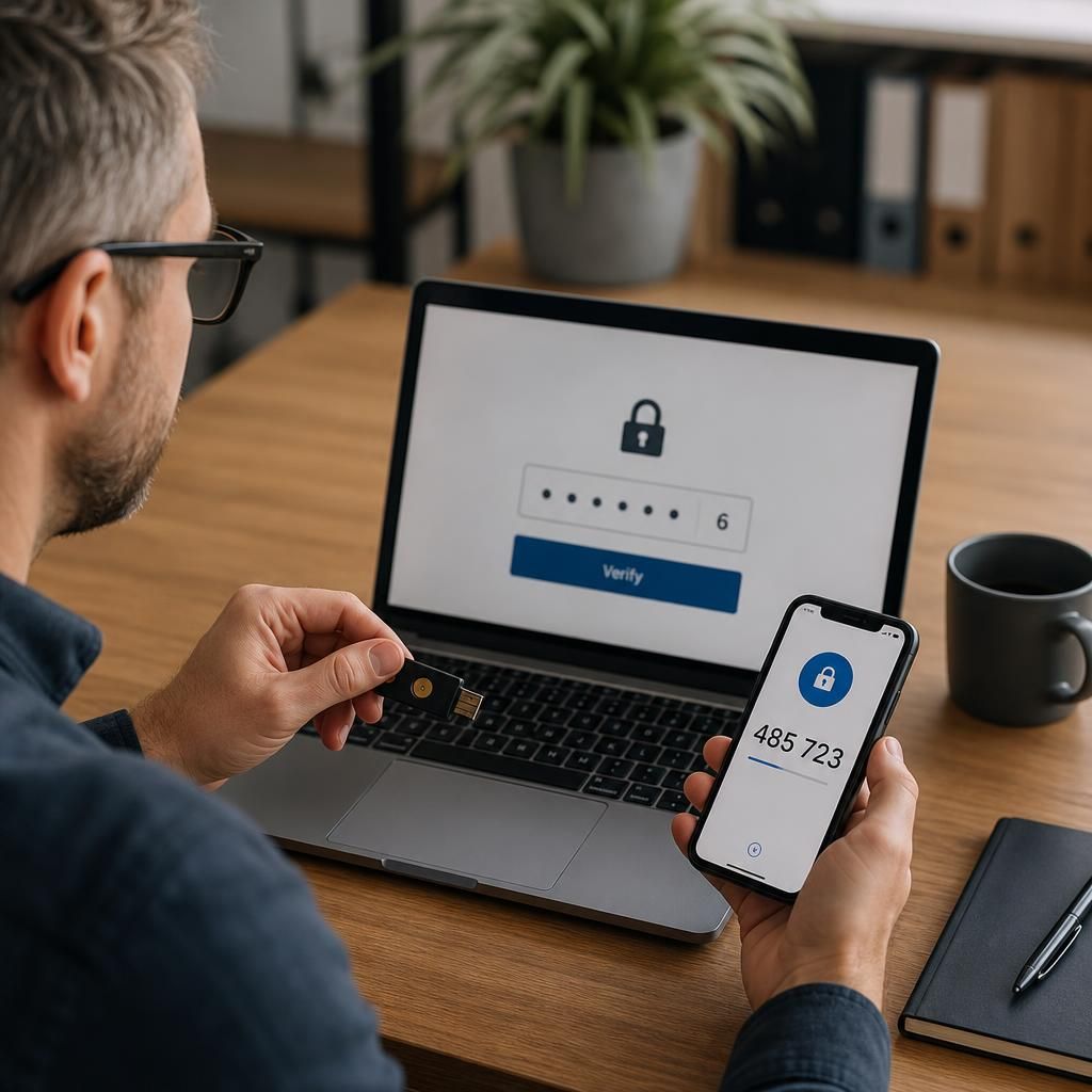 User authenticating at a laptop with a security key and authenticator app
