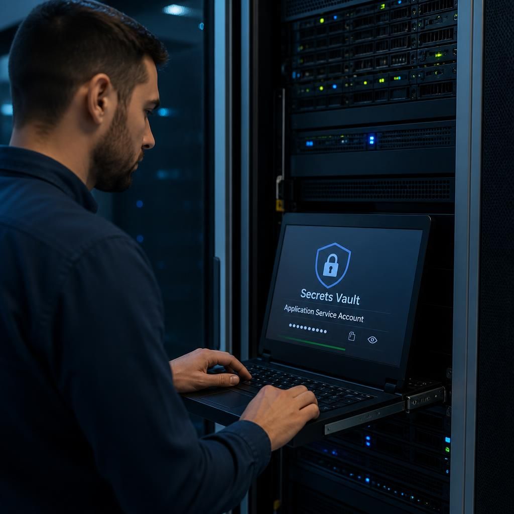 Application service account credentials stored in a secure secrets vault