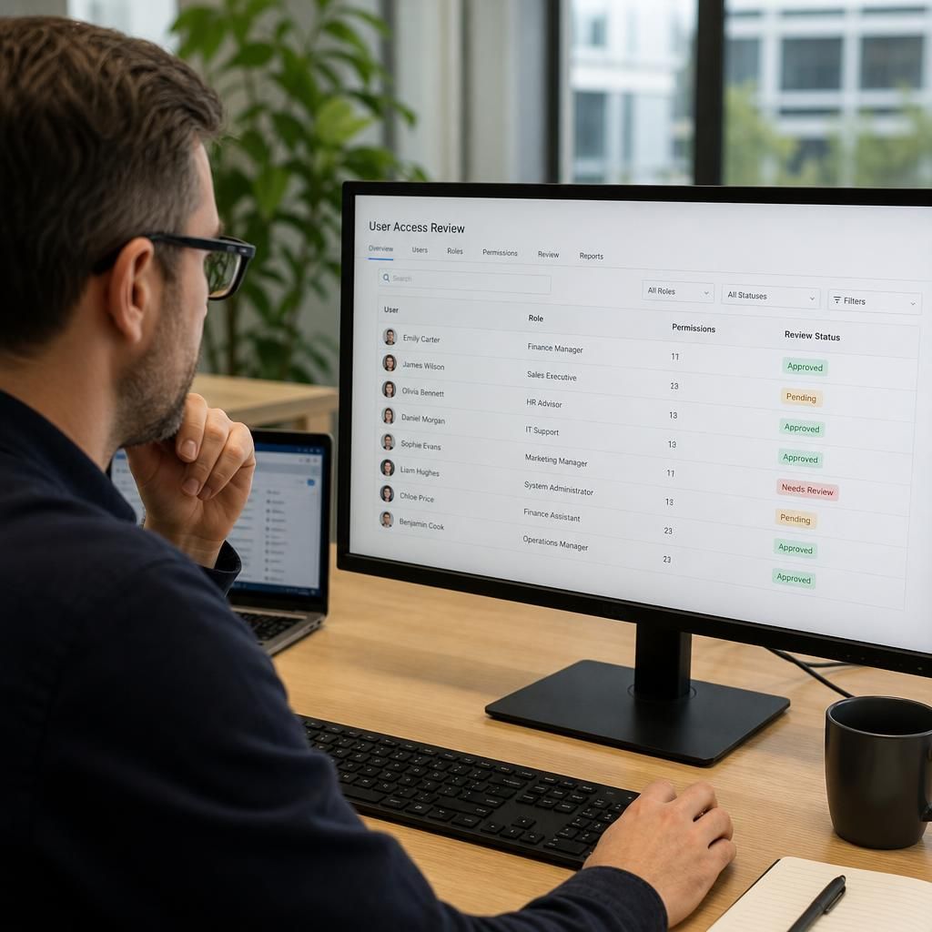 User access review showing roles, permissions and approval status