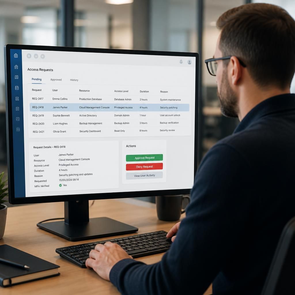 Administrator selecting a time-limited access request in an identity management dashboard