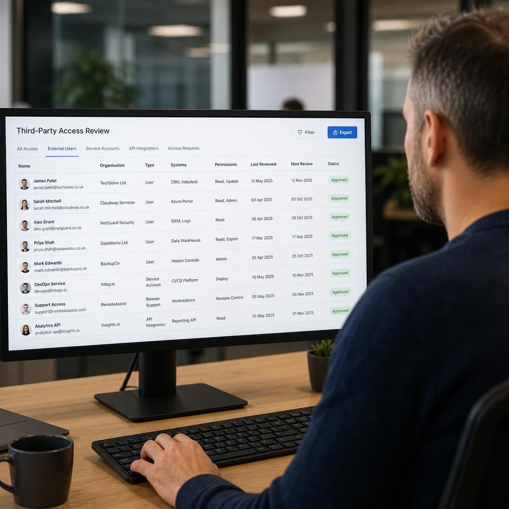 Access review screen listing external users, permissions and approval dates