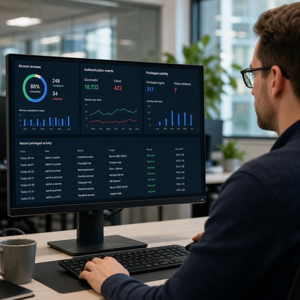 Dashboard showing access review status, authentication events and privileged activity logs