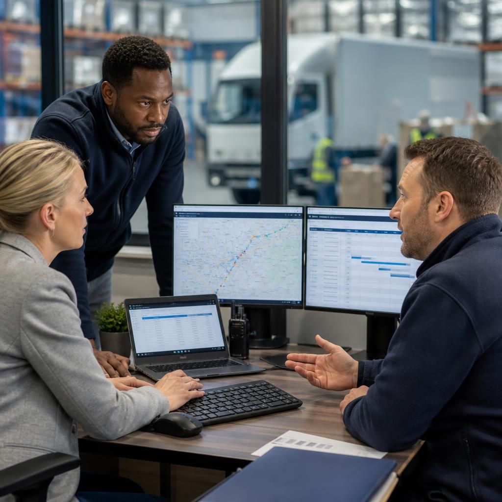 Logistics team coordinating secure access across transport and warehouse systems