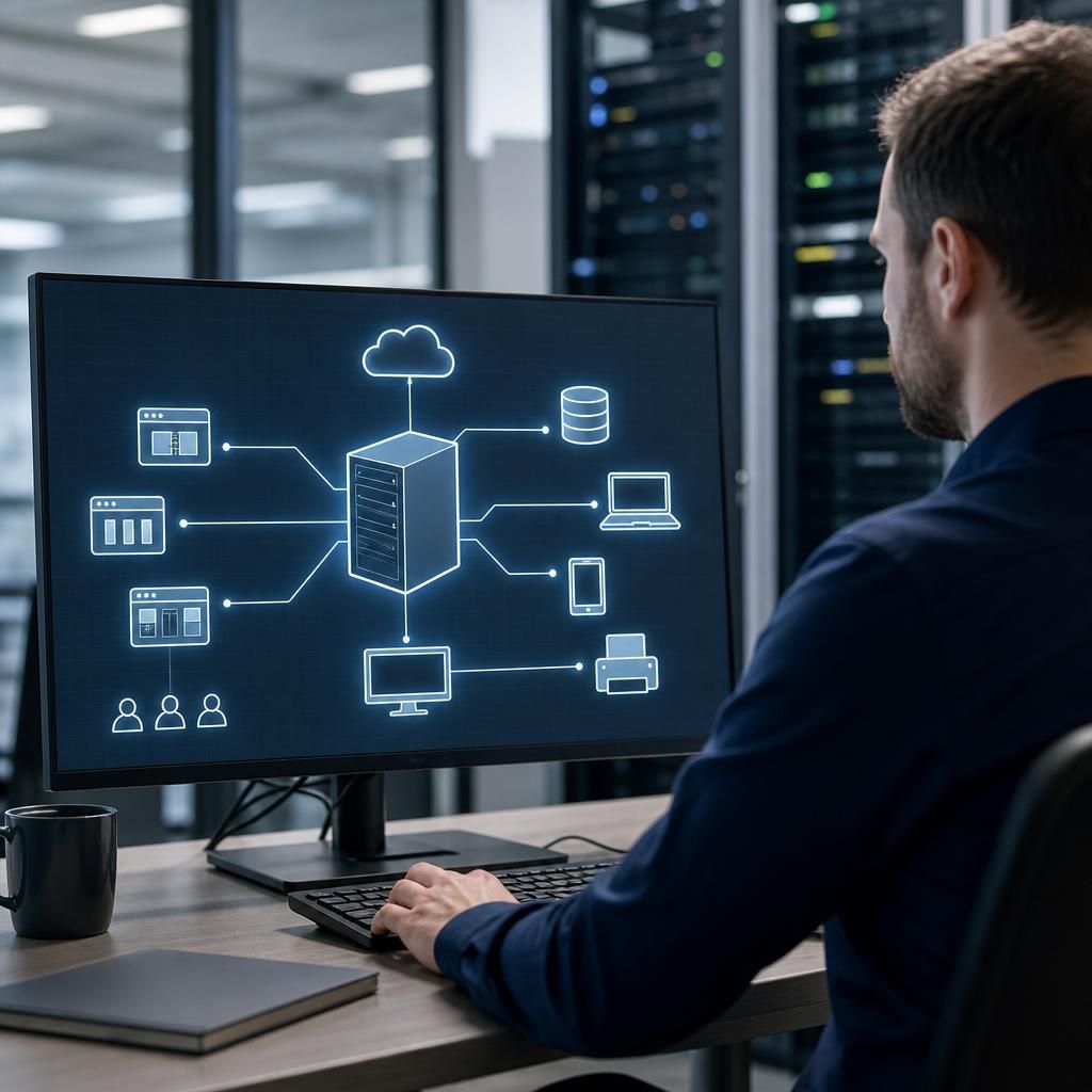 Network diagram linking a legacy server to business applications and connected devices