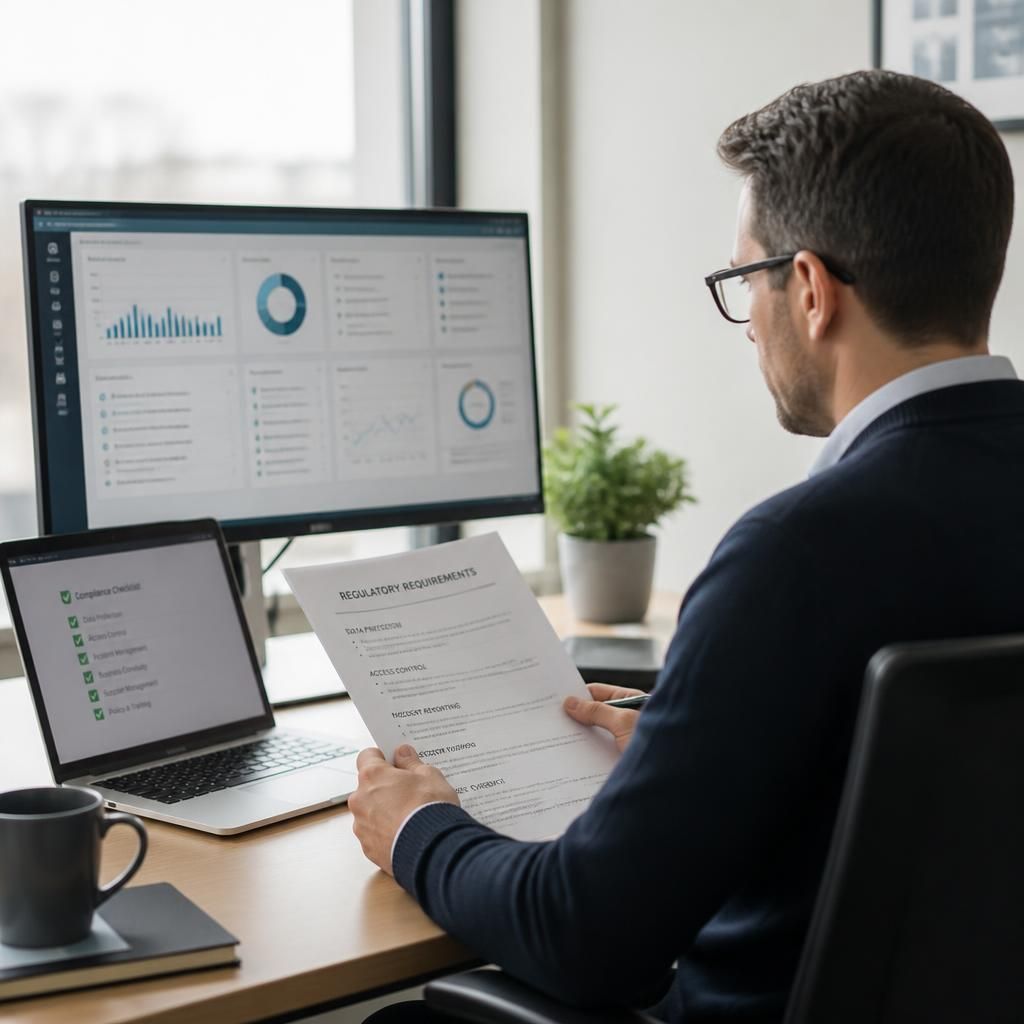 IT consultant reviewing regulatory compliance documents and security controls on a computer screen