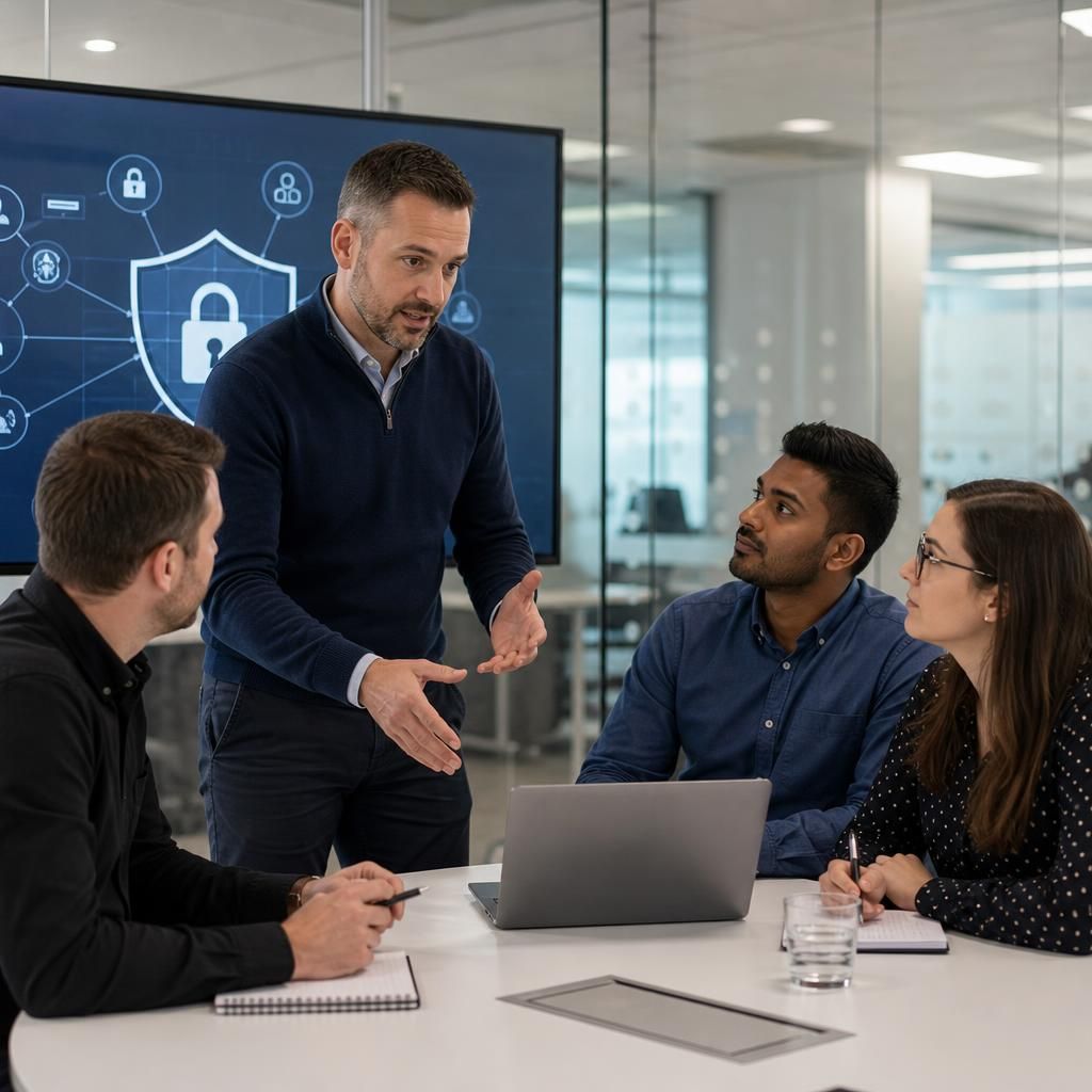 Consultant explaining security procedures to an internal IT team