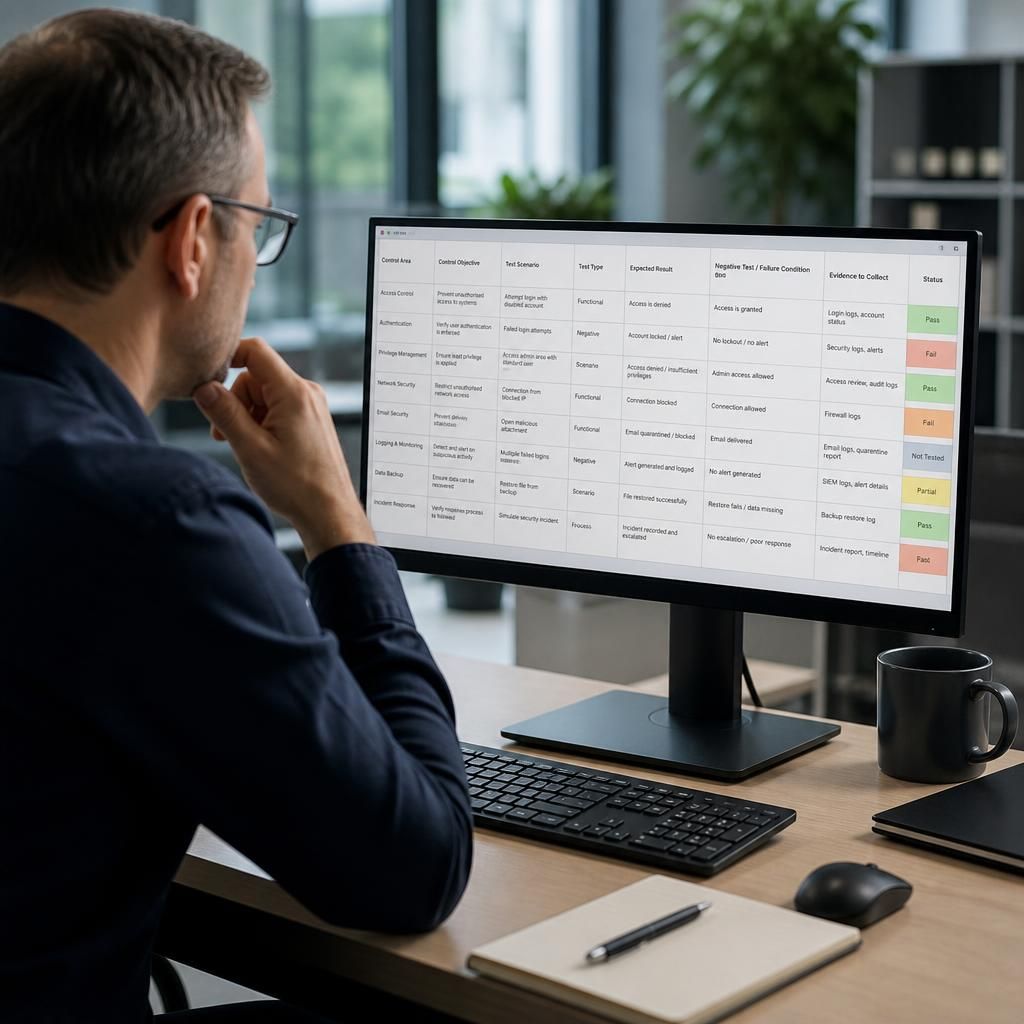 Consultant reviewing a cyber security control test plan on a computer screen