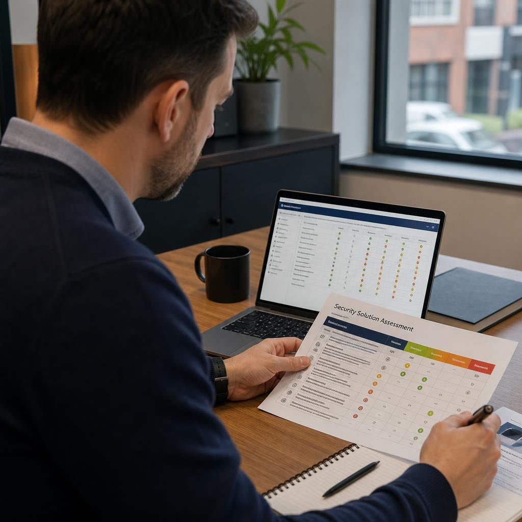 Consultant comparing security technology options on a laptop and printed assessment