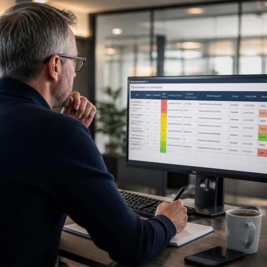 IT security consultant reviewing a risk assessment and control checklist on screen