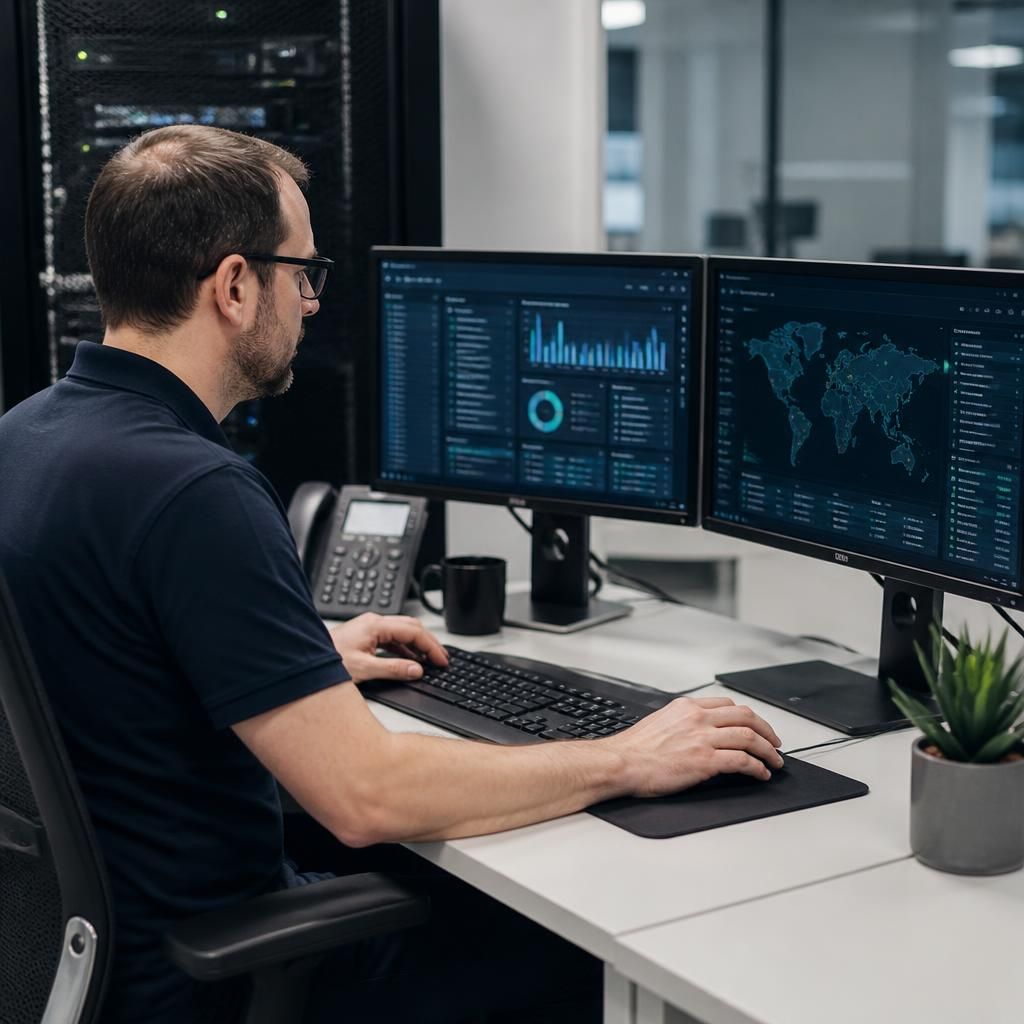 Consultant reviewing connected business systems during a security assessment