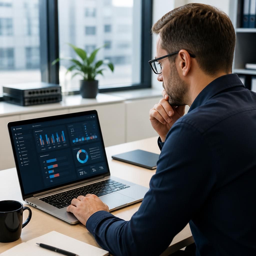 IT consultant reviewing a security assessment dashboard on a laptop