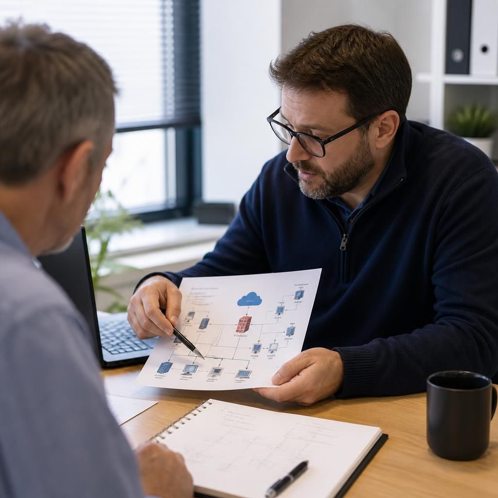 IT security consultant reviewing a business network diagram and security assessment notes