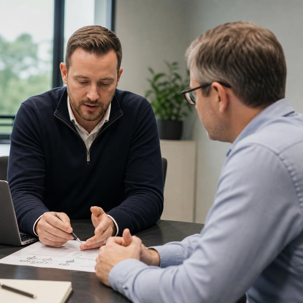 IT consultant discussing security notes with a business client at a desk