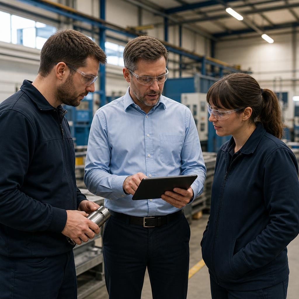 Technology consultant reviewing operational systems with a manufacturing business team