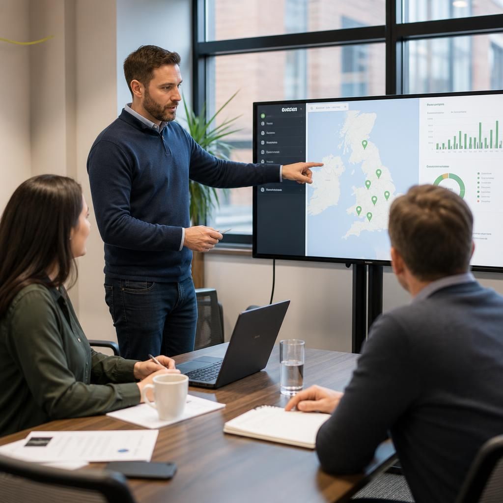 Consultant presenting an IT systems assessment to a multi-site business team