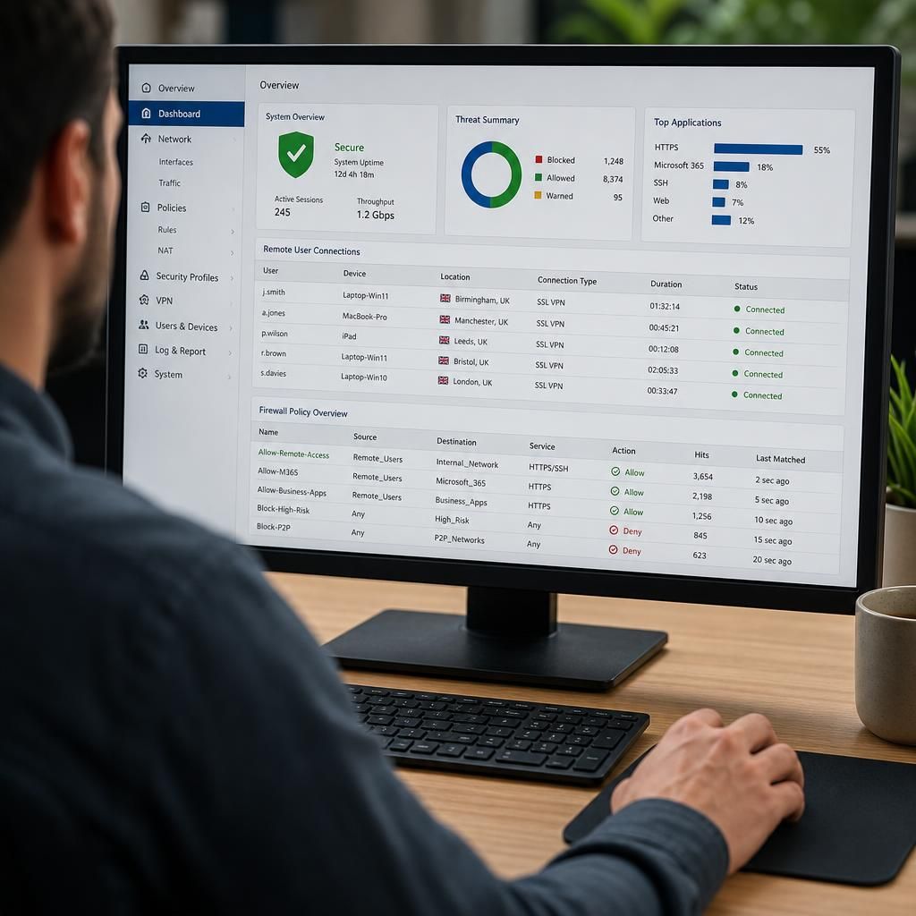 Firewall dashboard displaying remote user connections and access control rules