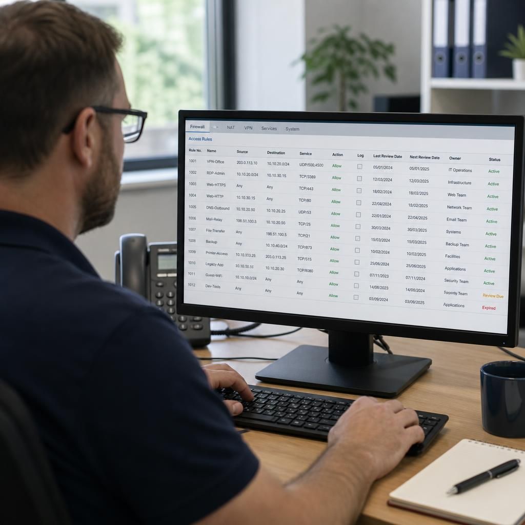 Firewall management screen showing network access rules and review dates