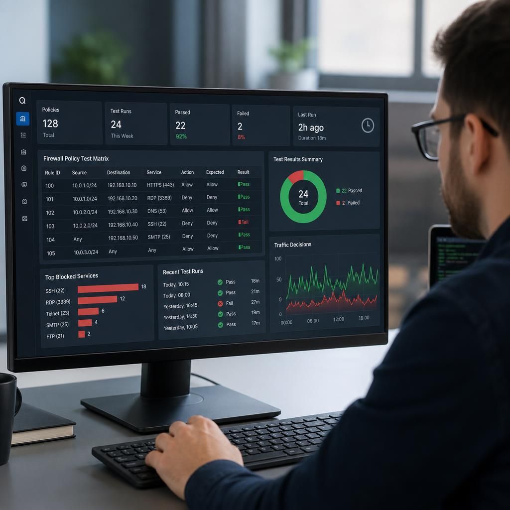 Firewall policy test matrix displayed on a network security dashboard