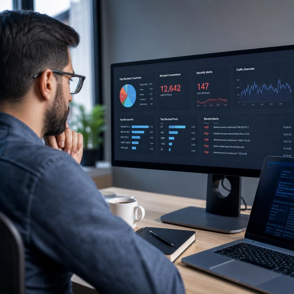 Firewall dashboard displaying blocked connections, security alerts and network traffic activity