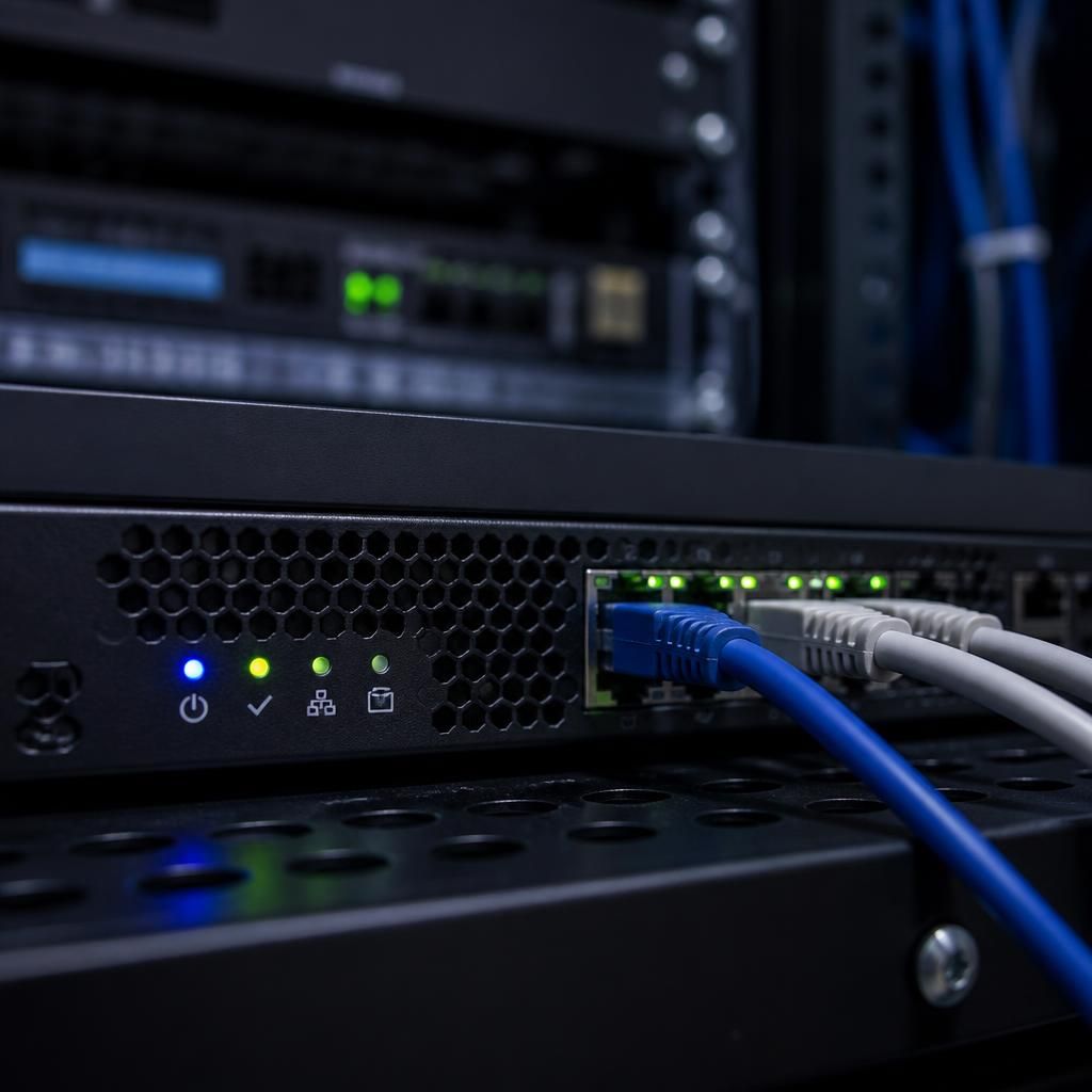 Network firewall appliance with status lights and connected Ethernet cables